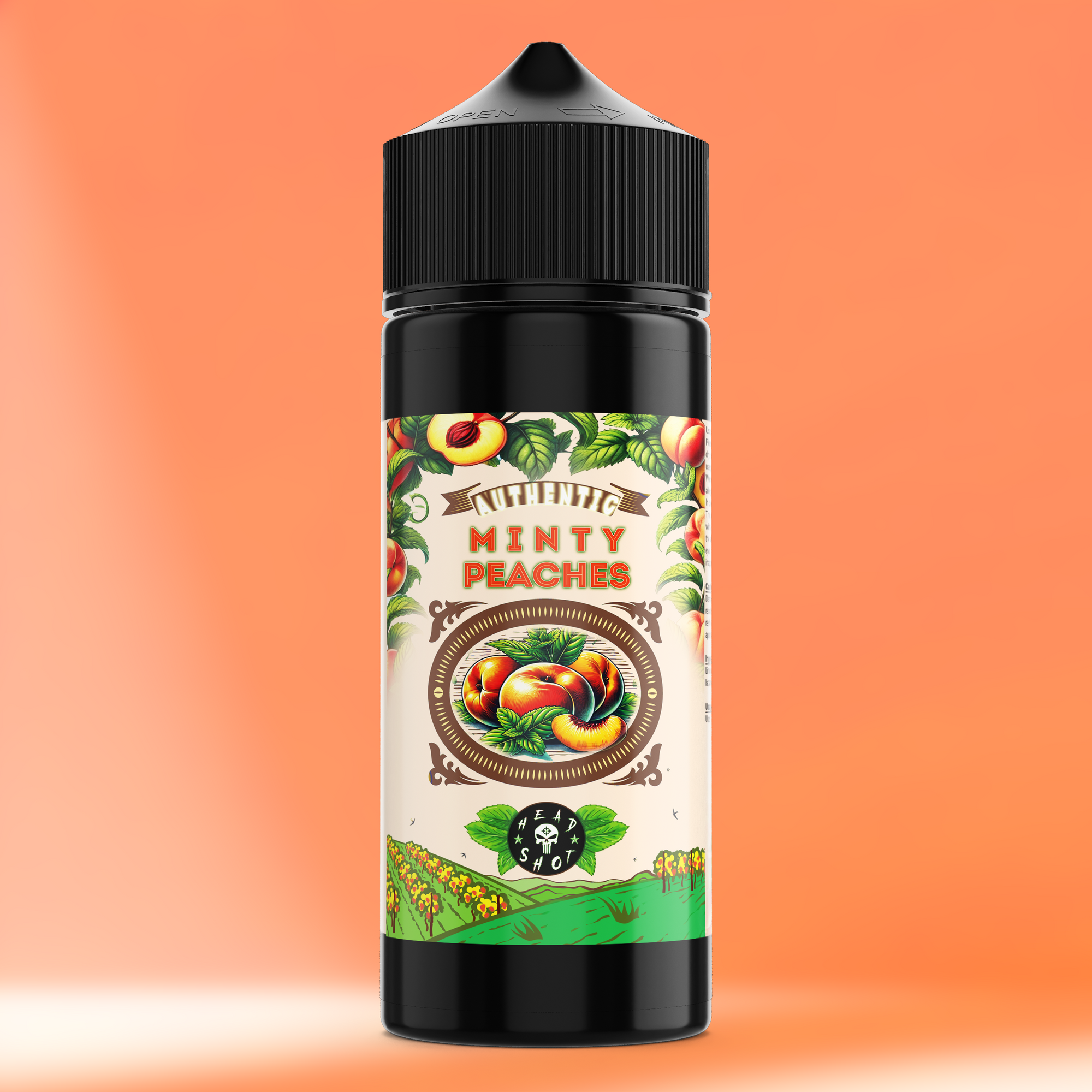 MINTY PEACHES Aroma Flasche farbiger Hintergrund